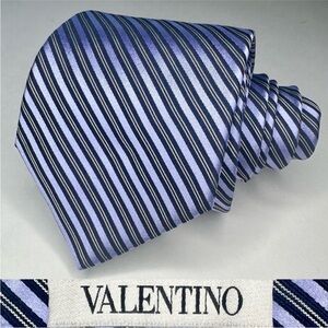 VALENTINO Luxury Light Blue & Black Striped Handmade Silk Classic Tie, 3.25”